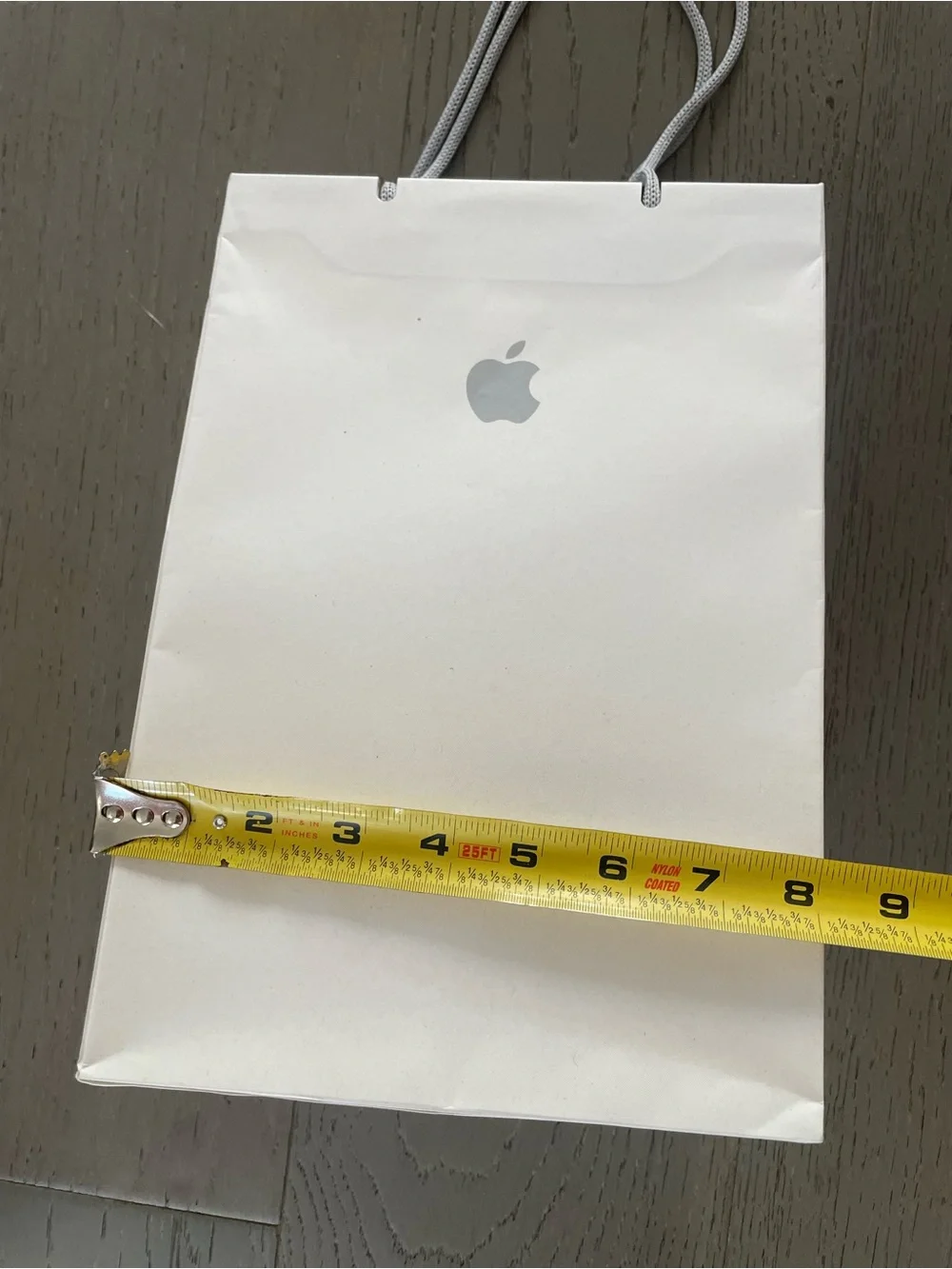 Apple White Paper Shopping Bag with Silver Logo, grey handles